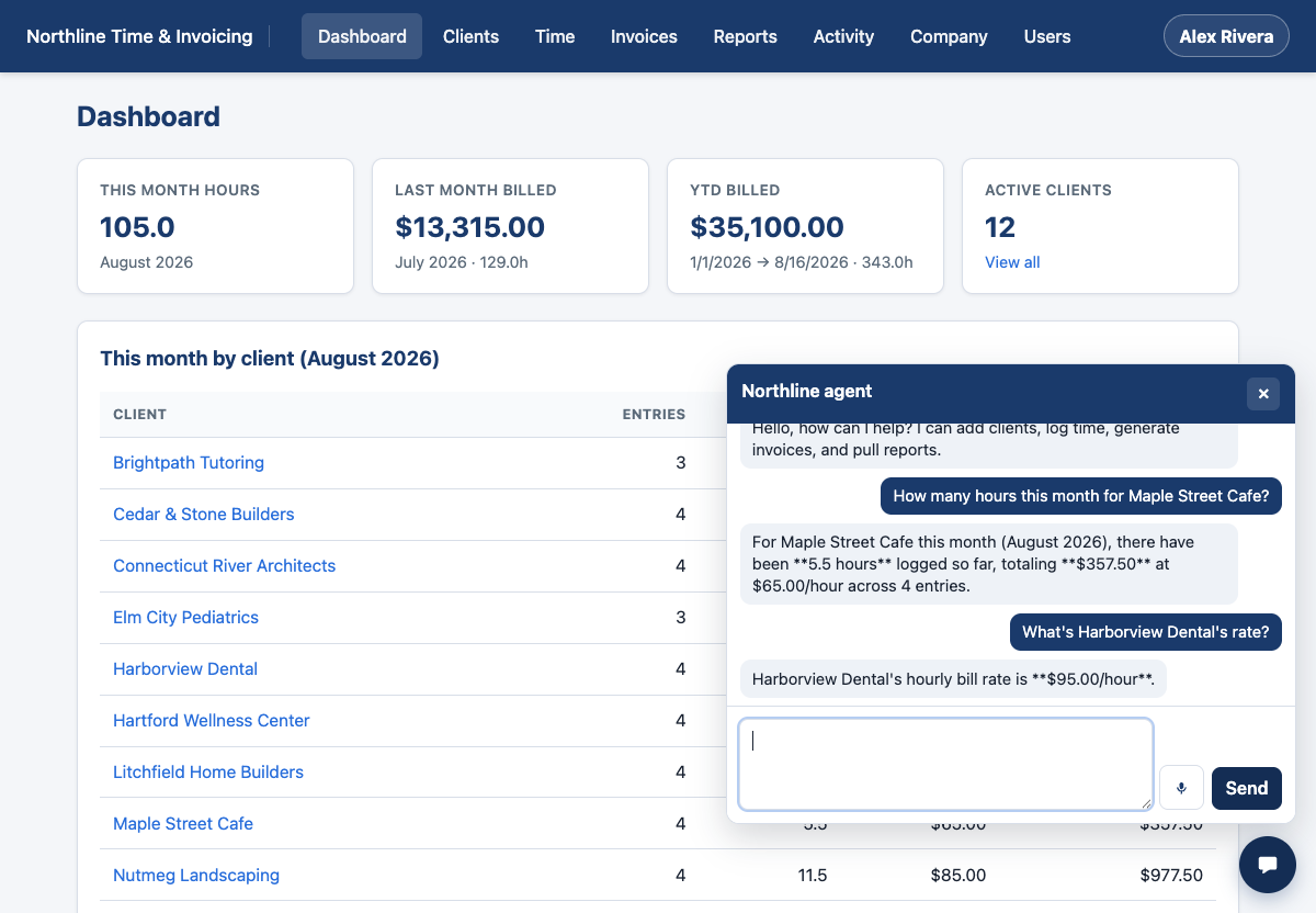 Time & Invoicing dashboard with the Northline agent panel open